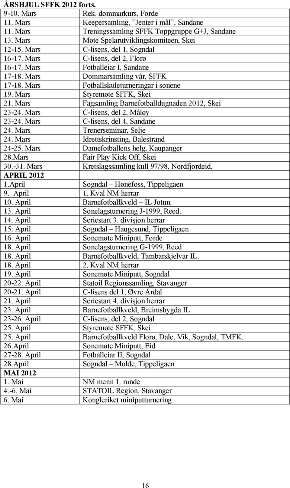 Mars Fotballskuleturneringar i sonene 19. Mars Styremøte SFFK, Skei 21. Mars Fagsamling Barnefotballdugnaden 2012, Skei 23-24. Mars C-lisens, del 2, Måløy 23-24. Mars C-lisens, del 4, Sandane 24.