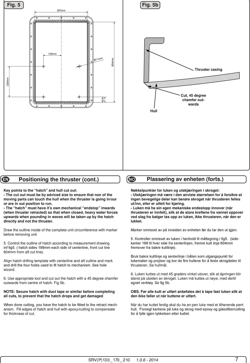 run. - The hatch must have it s own mechanical endstop inwards (when thruster retracted) so that when closed, heavy water forces upwards when pounding in waves will be taken up by the hatch directly