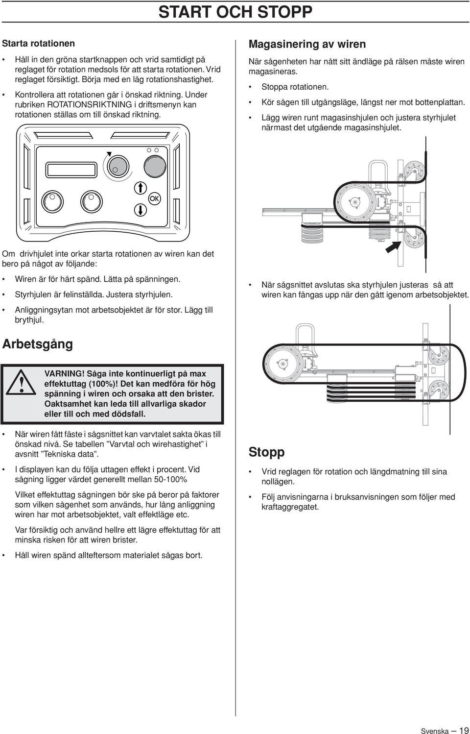 Magasinering av wiren När sågenheten har nått sitt ändläge på rälsen måste wiren magasineras. Stoppa rotationen. Kör sågen till utgångsläge, längst ner mot bottenplattan.