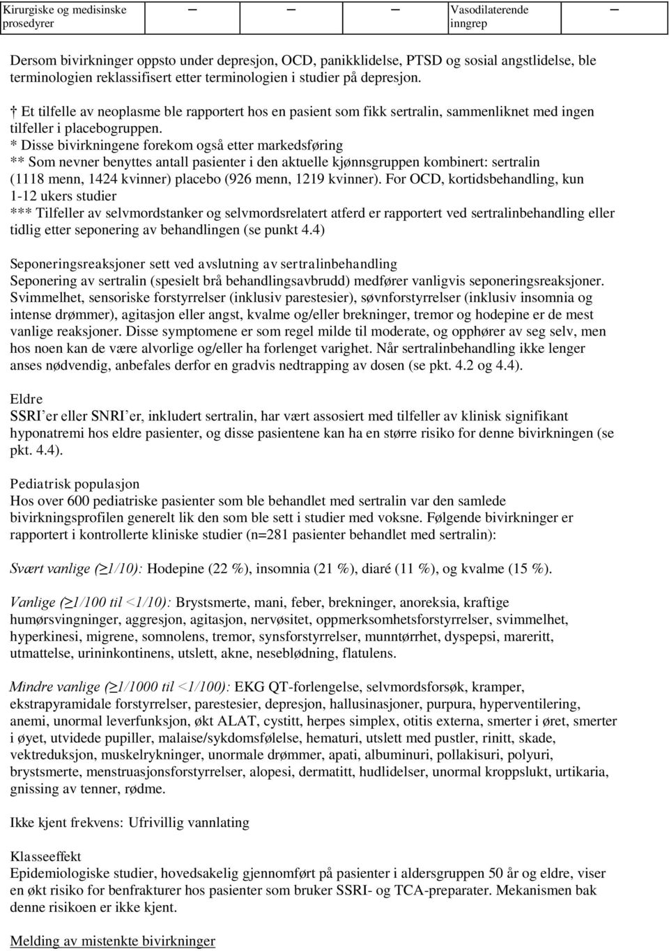 * Disse bivirkningene forekom også etter markedsføring ** Som nevner benyttes antall pasienter i den aktuelle kjønnsgruppen kombinert: sertralin (1118 menn, 1424 kvinner) placebo (926 menn, 1219