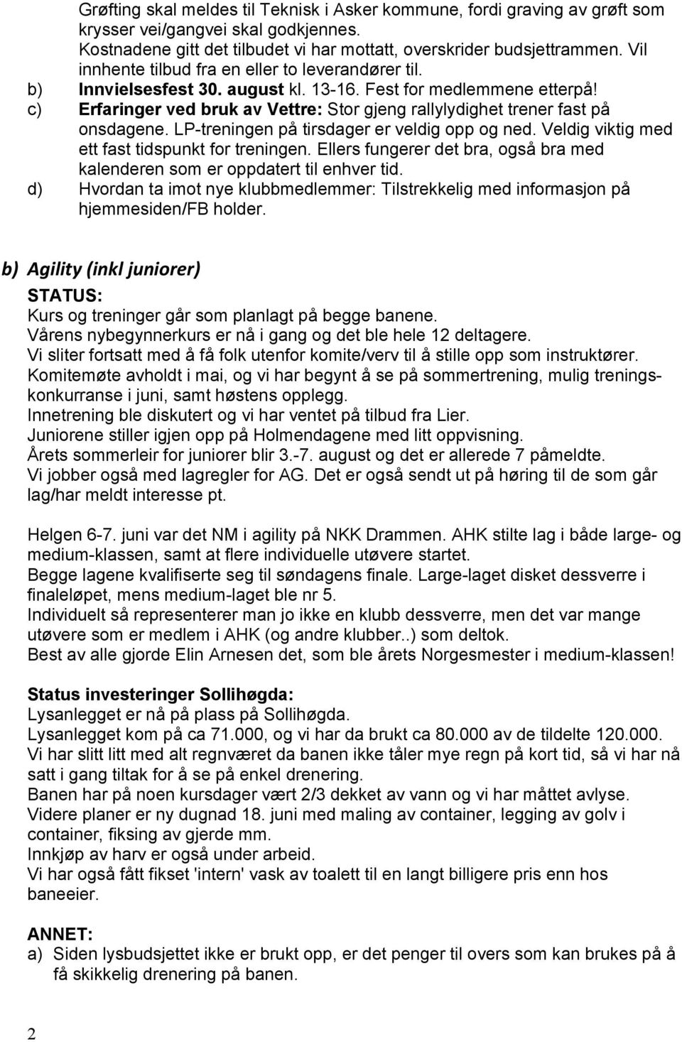 c) Erfaringer ved bruk av Vettre: Stor gjeng rallylydighet trener fast på onsdagene. LP-treningen på tirsdager er veldig opp og ned. Veldig viktig med ett fast tidspunkt for treningen.