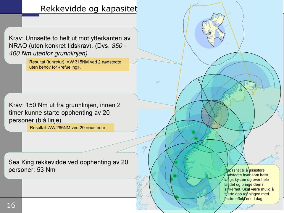 Krav: 150 Nm ut fra grunnlinjen, innen 2 timer kunne starte opphenting av 20 personer (blå linje).