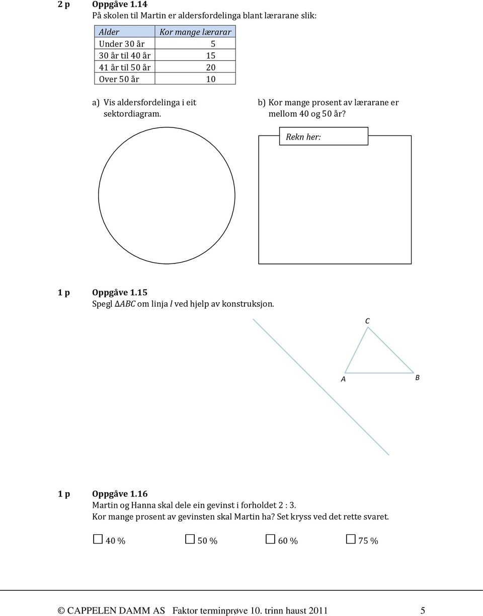 Over 50 år 10 a) Vis aldersfordelinga i eit sektordiagram. b) Kor mange prosent av lærarane er mellom 40 og 50 år? Rekn her: 1 p Oppgåve 1.