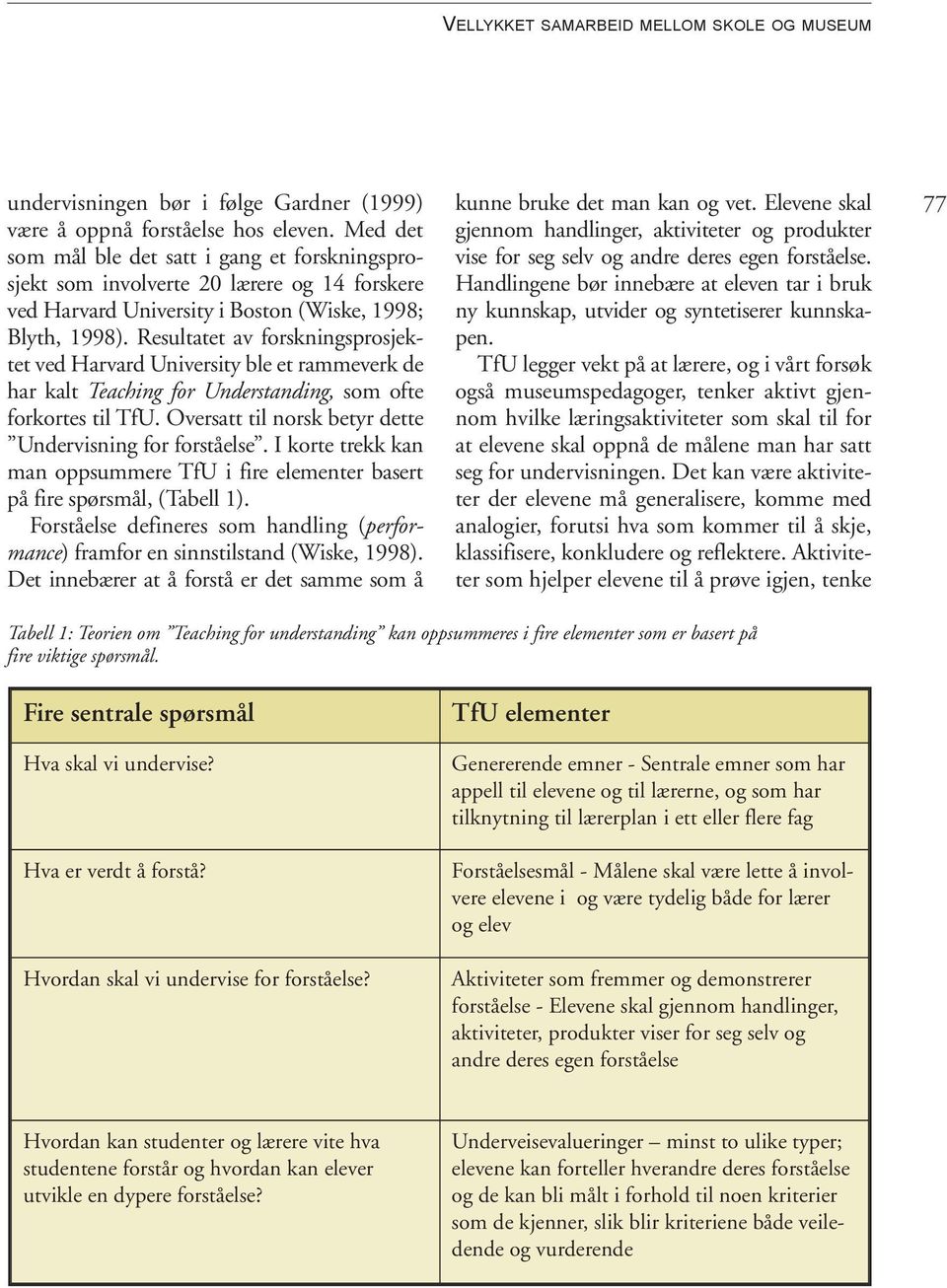 Resultatet av forskningsprosjektet ved Harvard University ble et rammeverk de har kalt Teaching for Understanding, som ofte forkortes til TfU.