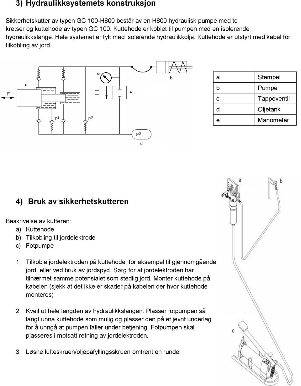 a b c d e Stempel Pumpe Tappeventil Oljetank Manometer 4) Bruk av sikkerhetskutteren Beskrivelse av kutteren: a) Kuttehode b) Tilkobling til jordelektrode c) Fotpumpe 1.