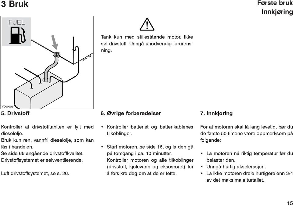 Luft drivstoffsystemet, se s. 26. Kontroller batteriet og batterikablenes tilkoblinger. Start motoren, se side 16, og la den gå på tomgang i ca. 10 minutter.