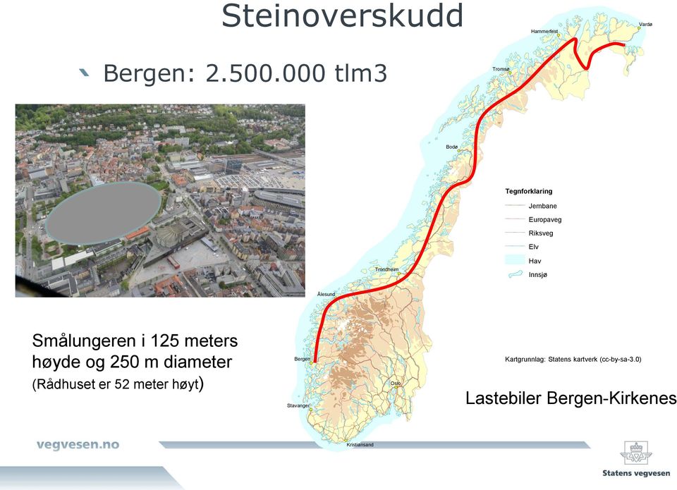 Innsjø Ålesund Smålungeren i 125 meters høyde og 250 m diameter (Rådhuset er 52