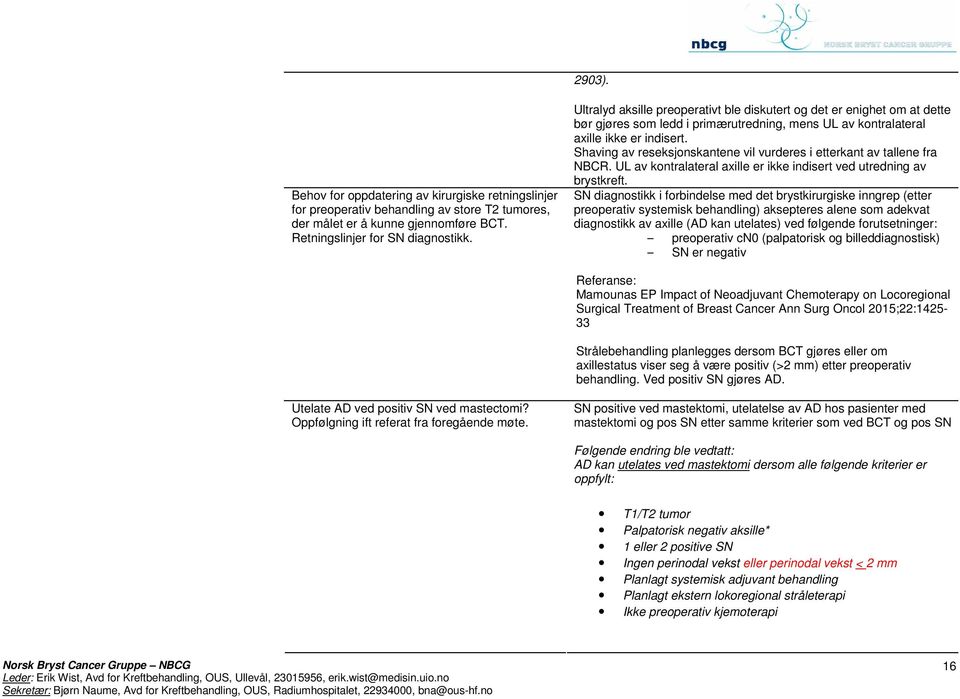 Shaving av reseksjonskantene vil vurderes i etterkant av tallene fra NBCR. UL av kontralateral axille er ikke indisert ved utredning av brystkreft.