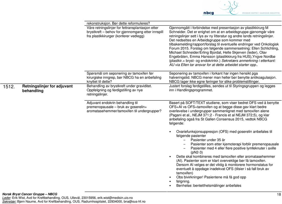NBCG ha en anbefaling knyttet til dette? Behandling av brystkreft under graviditet. Oppfølgning og ferdigstilling av nye retningslinjer.