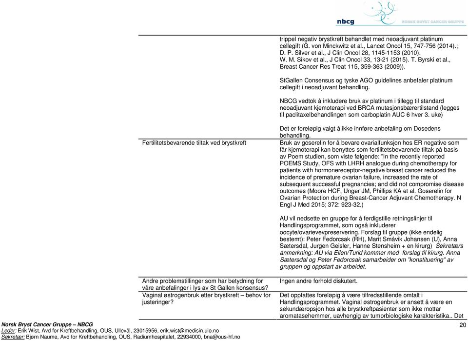 NBCG vedtok å inkludere bruk av platinum i tillegg til standard neoadjuvant kjemoterapi ved BRCA mutasjonsbærertilstand (legges til paclitaxelbehandlingen som carboplatin AUC 6 hver 3.