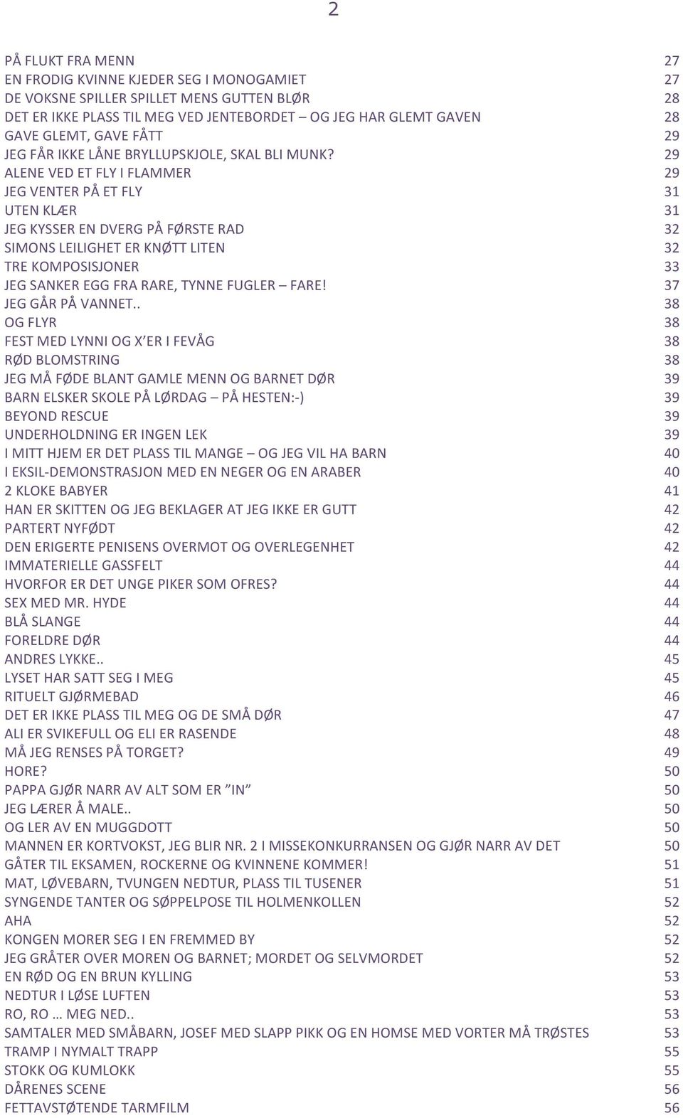 29 ALENE VED ET FLY I FLAMMER 29 JEG VENTER PÅ ET FLY 31 UTEN KLÆR 31 JEG KYSSER EN DVERG PÅ FØRSTE RAD 32 SIMONS LEILIGHET ER KNØTT LITEN 32 TRE KOMPOSISJONER 33 JEG SANKER EGG FRA RARE, TYNNE