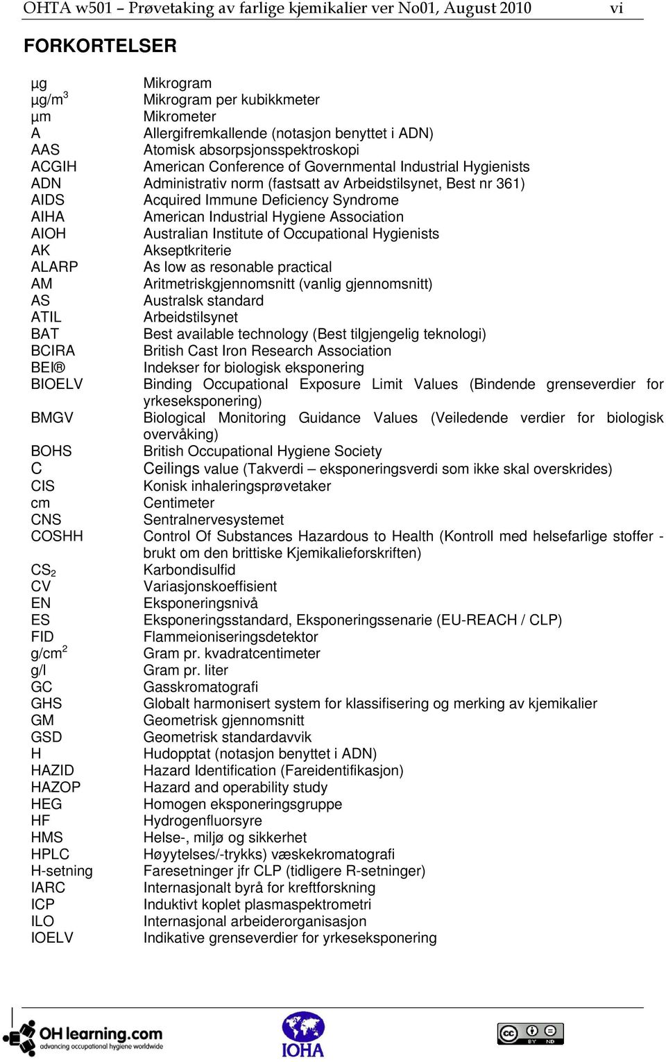 Syndrome AIHA American Industrial Hygiene Association AIOH Australian Institute of Occupational Hygienists AK Akseptkriterie ALARP As low as resonable practical AM Aritmetriskgjennomsnitt (vanlig