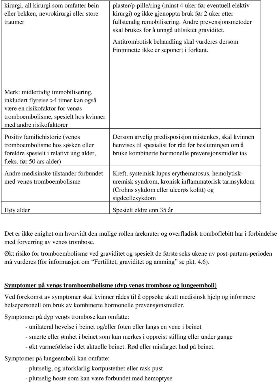 Merk: midlertidig immobilisering, inkludert flyreise >4 timer kan også være en risikofaktor for venøs tromboembolisme, spesielt hos kvinner med andre risikofaktorer Positiv familiehistorie (venøs