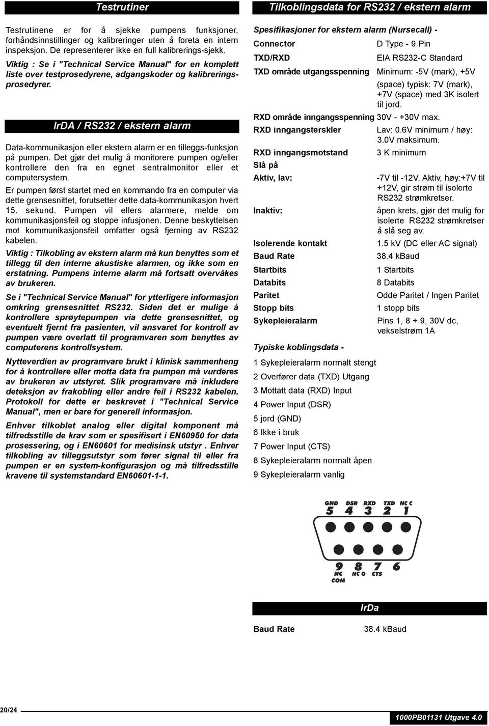 IrDA / RS232 / ekstern alarm Data-kommunikasjon eller ekstern alarm er en tilleggs-funksjon på pumpen.