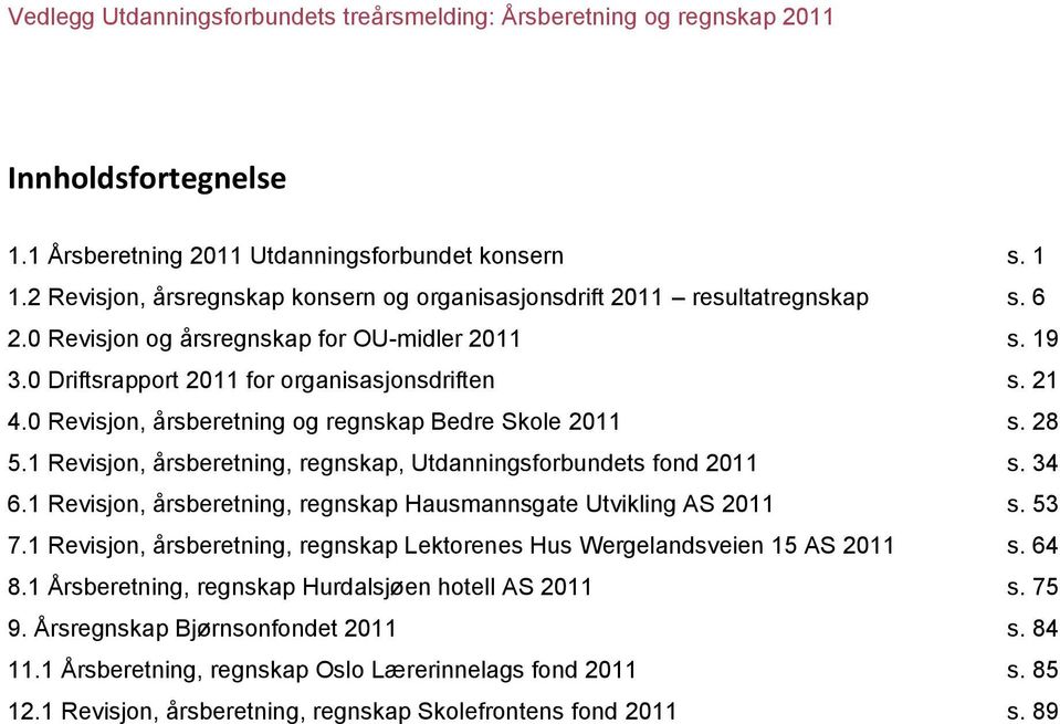 0 Revisjon, årsberetning og regnskap Bedre Skole 2011 s. 28 5.1 Revisjon, årsberetning, regnskap, Utdanningsforbundets fond 2011 s. 34 6.