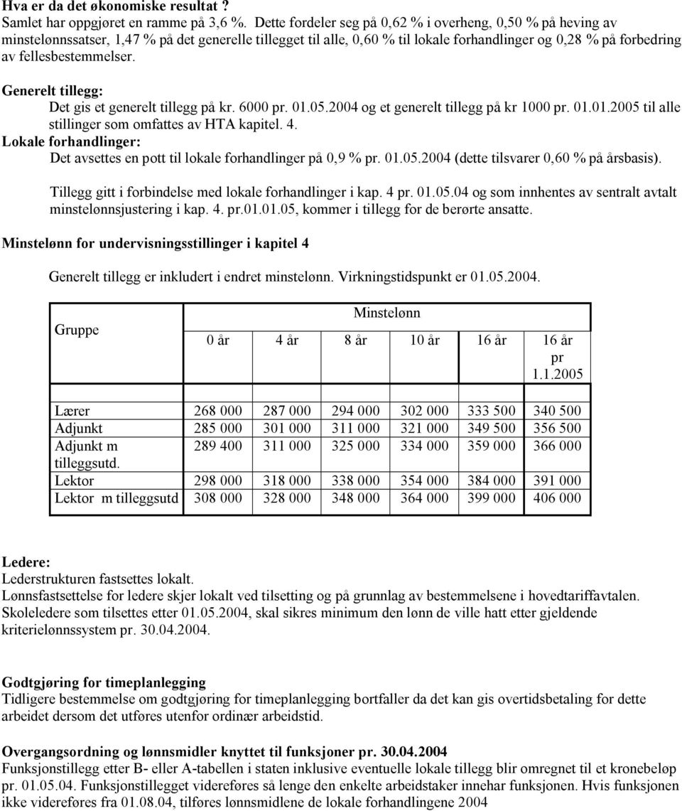 fellesbestemmelser. Generelt tillegg: Det gis et generelt tillegg på kr. 6000 pr. 01.05.2004 og et generelt tillegg på kr 1000 pr. 01.01.2005 til alle stillinger som omfattes av HTA kapitel. 4.