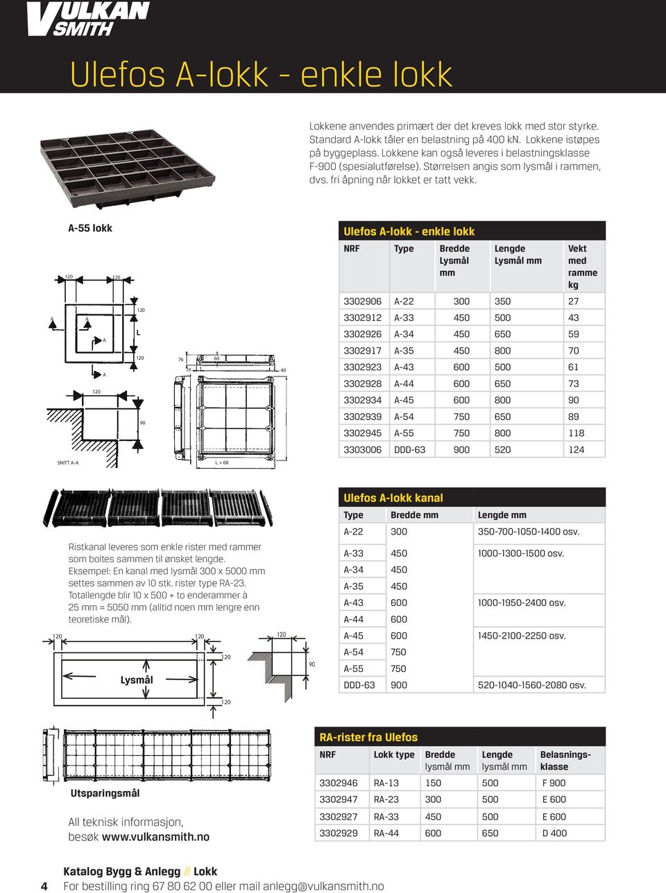A-55 lokk Ulefos A-lokk - enkle lokk NRF Type redde Lysmål mm Lengde Lysmål mm Vekt med ramme kg A A 3302906 A-22 300 350 27 3302912 A-33 450 500 43 A A 90 76 28 3 8 60 6 1 + 3302926 A-34 450 650 59