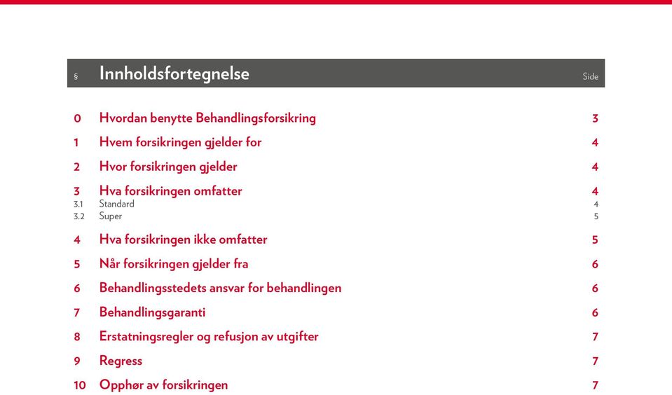 2 Super 5 4 Hva forsikringen ikke omfatter 5 5 Når forsikringen gjelder fra 6 6 Behandlingsstedets