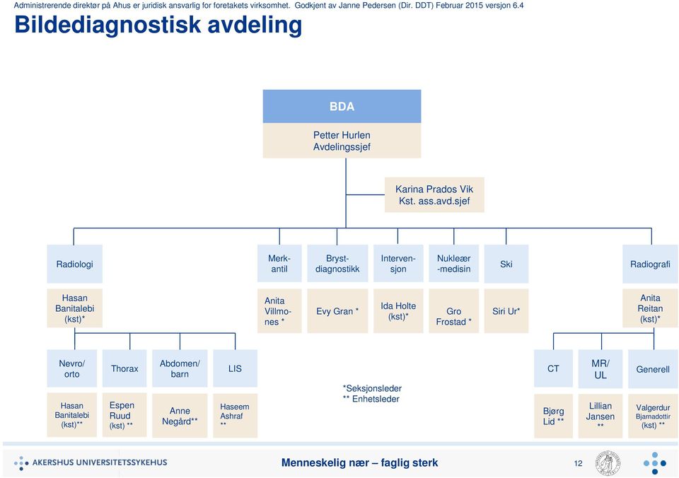 sjef Radiologi Merkantil Brystdiagnostikk Intervensjon Nukleær -medisin Ski Radiografi Hasan Banitalebi (kst)* Anita Villmones *