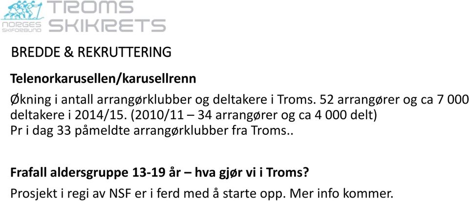 (2010/11 34 arrangører og ca 4 000 delt) Pr i dag 33 påmeldte arrangørklubber fra Troms.