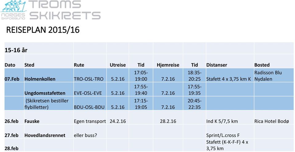 feb Fauske Egen transport 24.2.16 28.2.16 Ind K 5/7,5 km Rica Hotel Bodø 27.feb Hovedlandsrennet eller buss? Sprint/L.