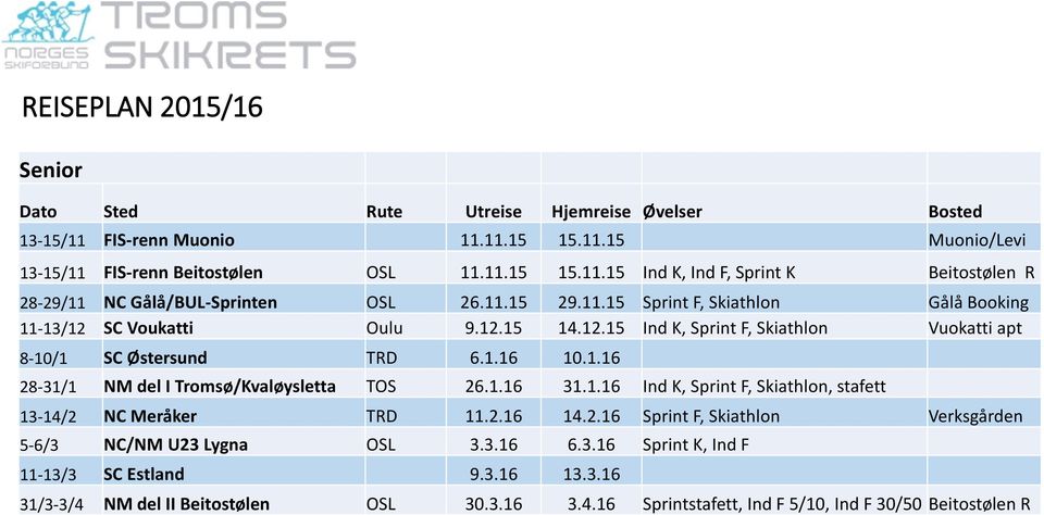 1.16 31.1.16 Ind K, Sprint F, Skiathlon, stafett 13-14/2 NC Meråker TRD 11.2.16 14.2.16 Sprint F, Skiathlon Verksgården 5-6/3 NC/NM U23 Lygna OSL 3.3.16 6.3.16 Sprint K, Ind F 11-13/3 SC Estland 9.