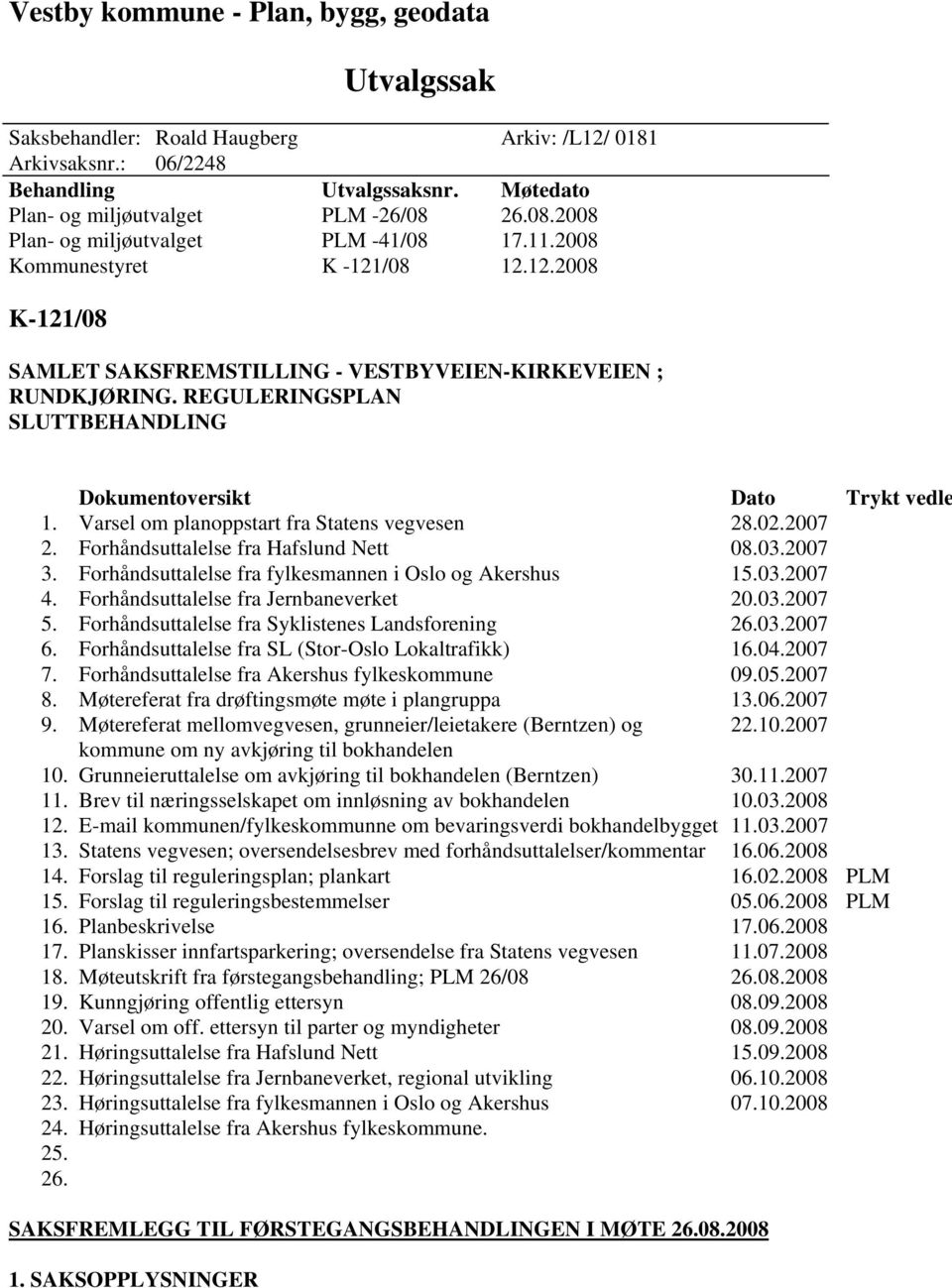 REGULERINGSPLAN SLUTTBEHANDLING Dokumentoversikt Dato Trykt vedle 1. Varsel om planoppstart fra Statens vegvesen 28.02.2007 2. Forhåndsuttalelse fra Hafslund Nett 08.03.2007 3.