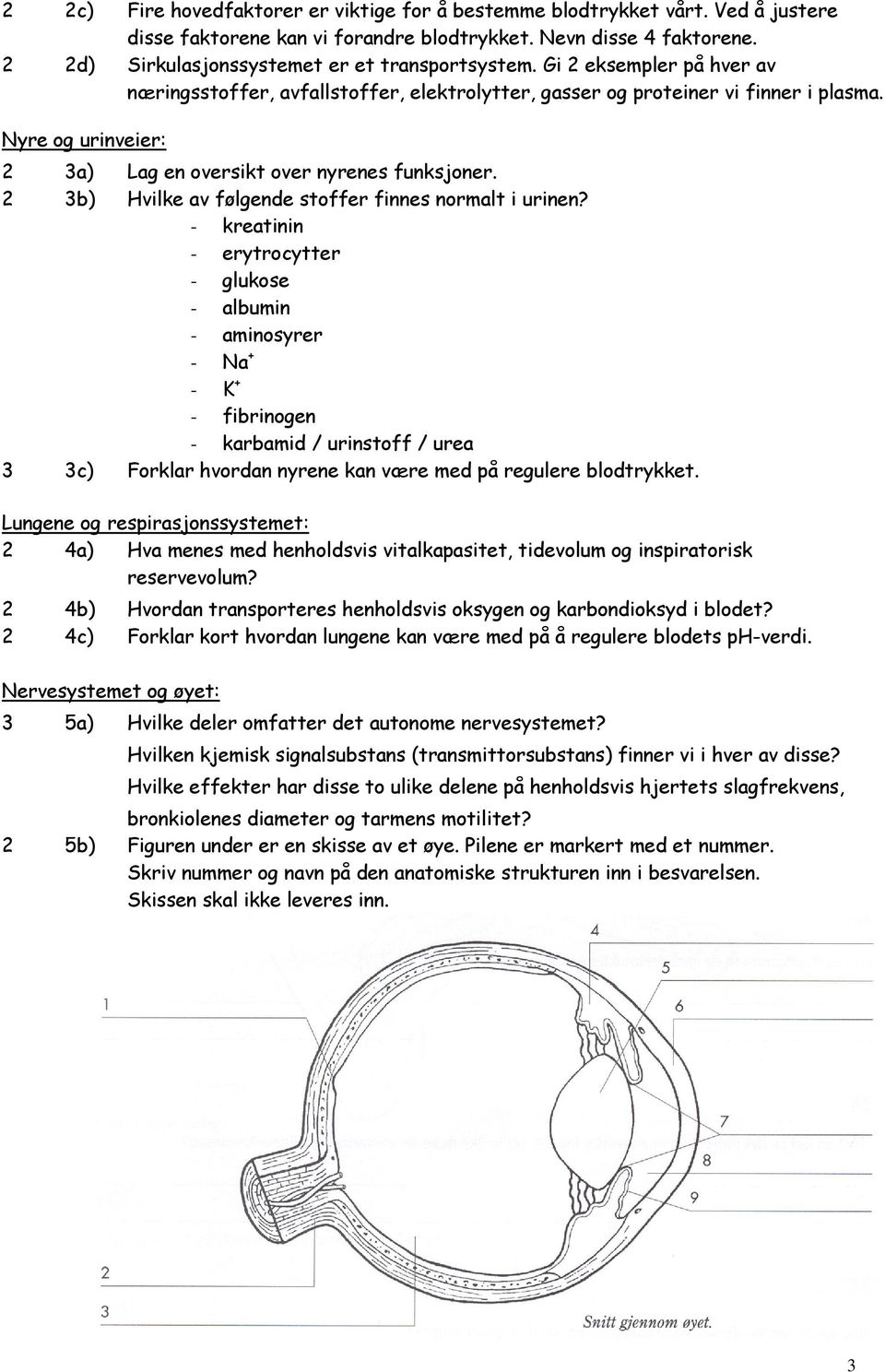 Nyre og urinveier: 2 3a) Lag en oversikt over nyrenes funksjoner. 2 3b) Hvilke av følgende stoffer finnes normalt i urinen?