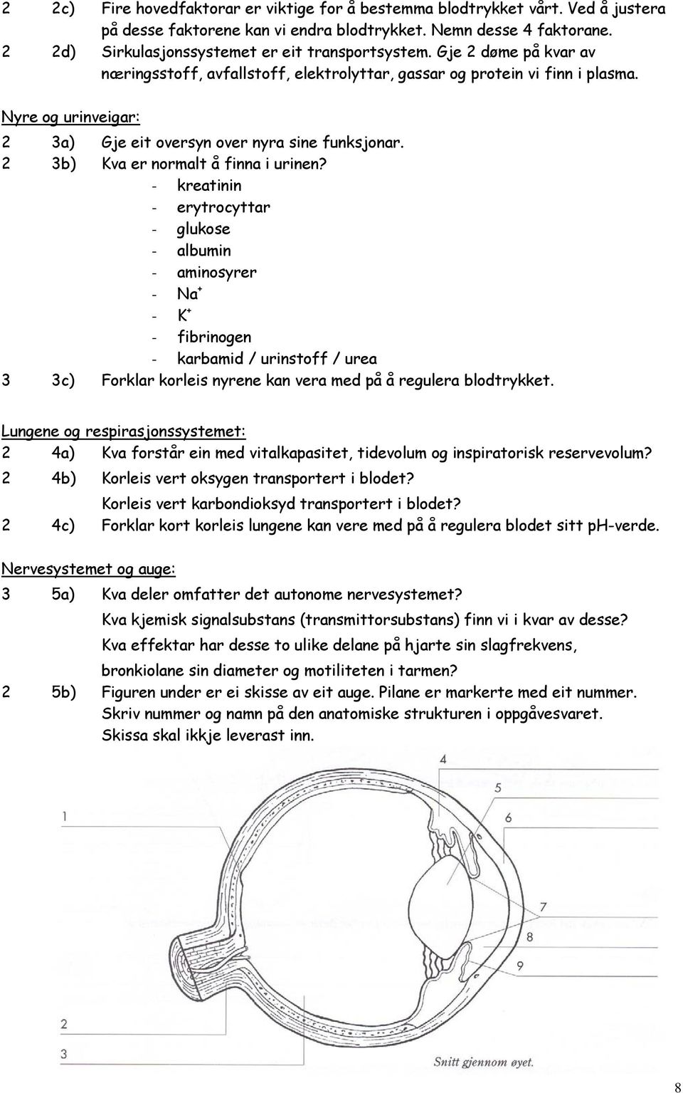 Nyre og urinveigar: 2 3a) Gje eit oversyn over nyra sine funksjonar. 2 3b) Kva er normalt å finna i urinen?