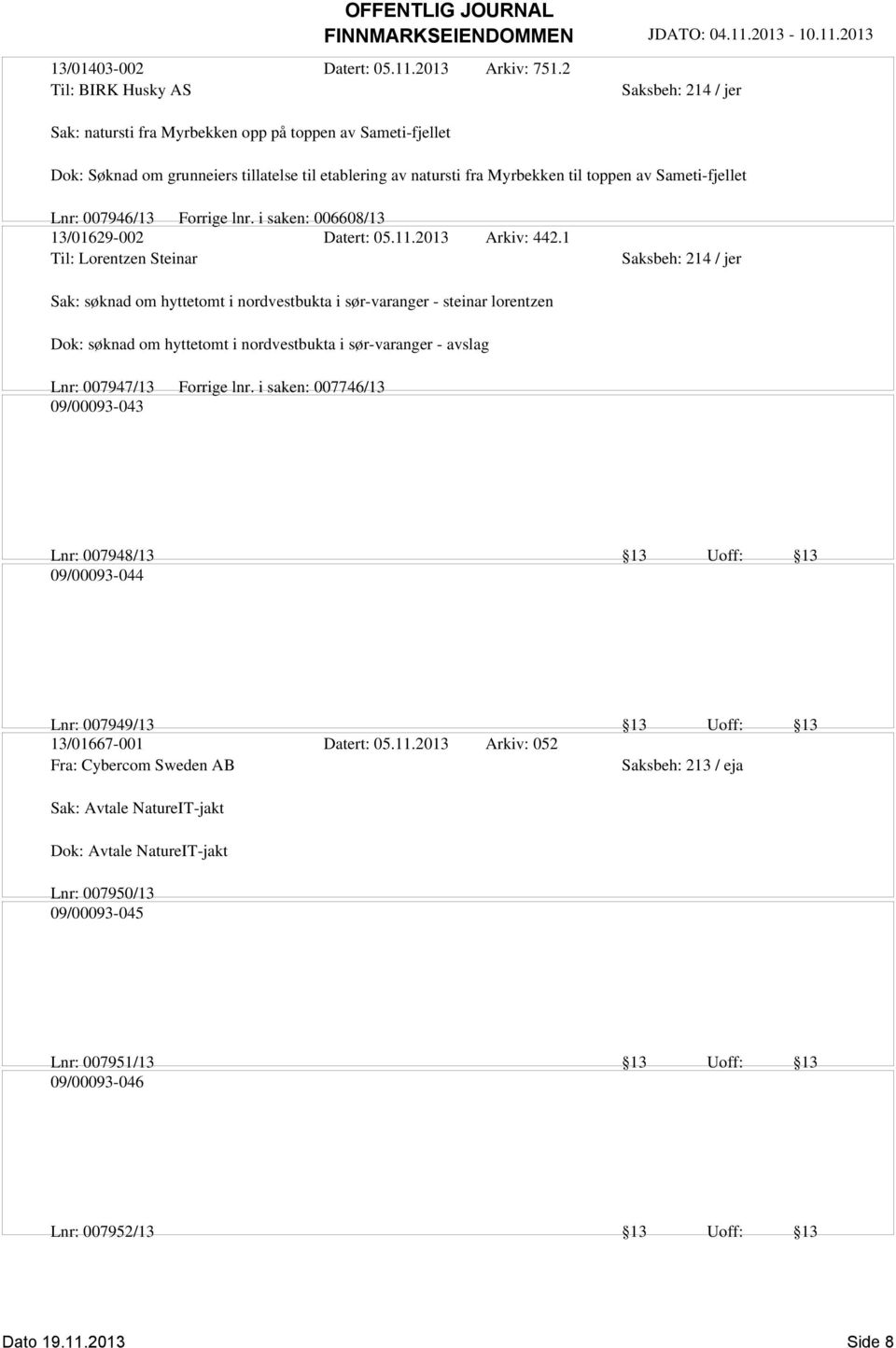 007946/13 Forrige lnr. i saken: 006608/13 13/01629-002 Datert: 05.11.2013 Arkiv: 442.