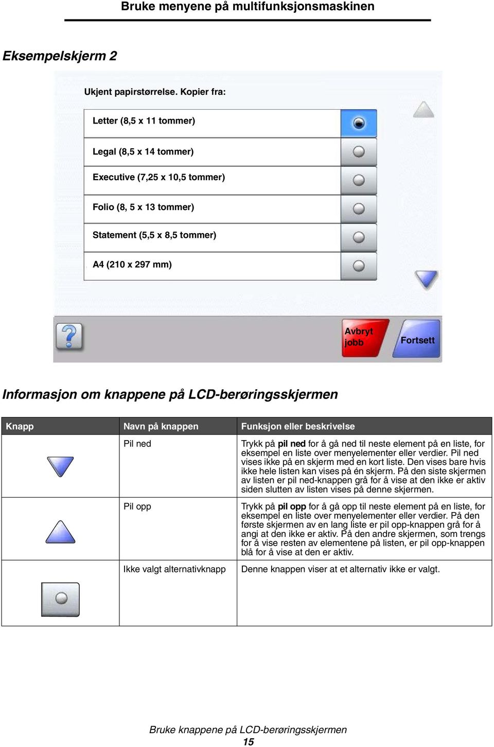 knappene på LCD-berøringsskjermen Knapp Navn på knappen Funksjon eller beskrivelse Pil ned Pil opp Ikke valgt alternativknapp Trykk på pil ned for å gå ned til neste element på en liste, for eksempel