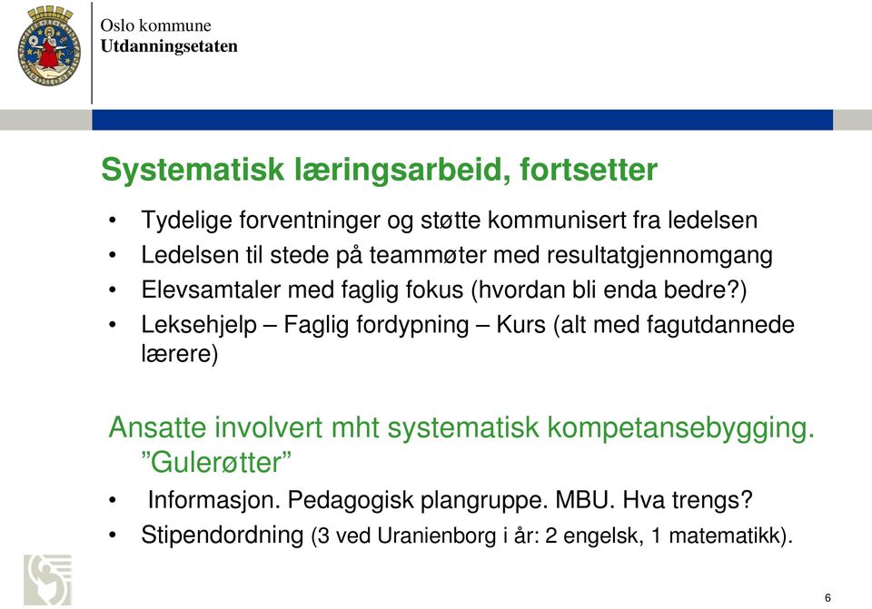 ) Leksehjelp Faglig fordypning Kurs (alt med fagutdannede lærere) Ansatte involvert mht systematisk