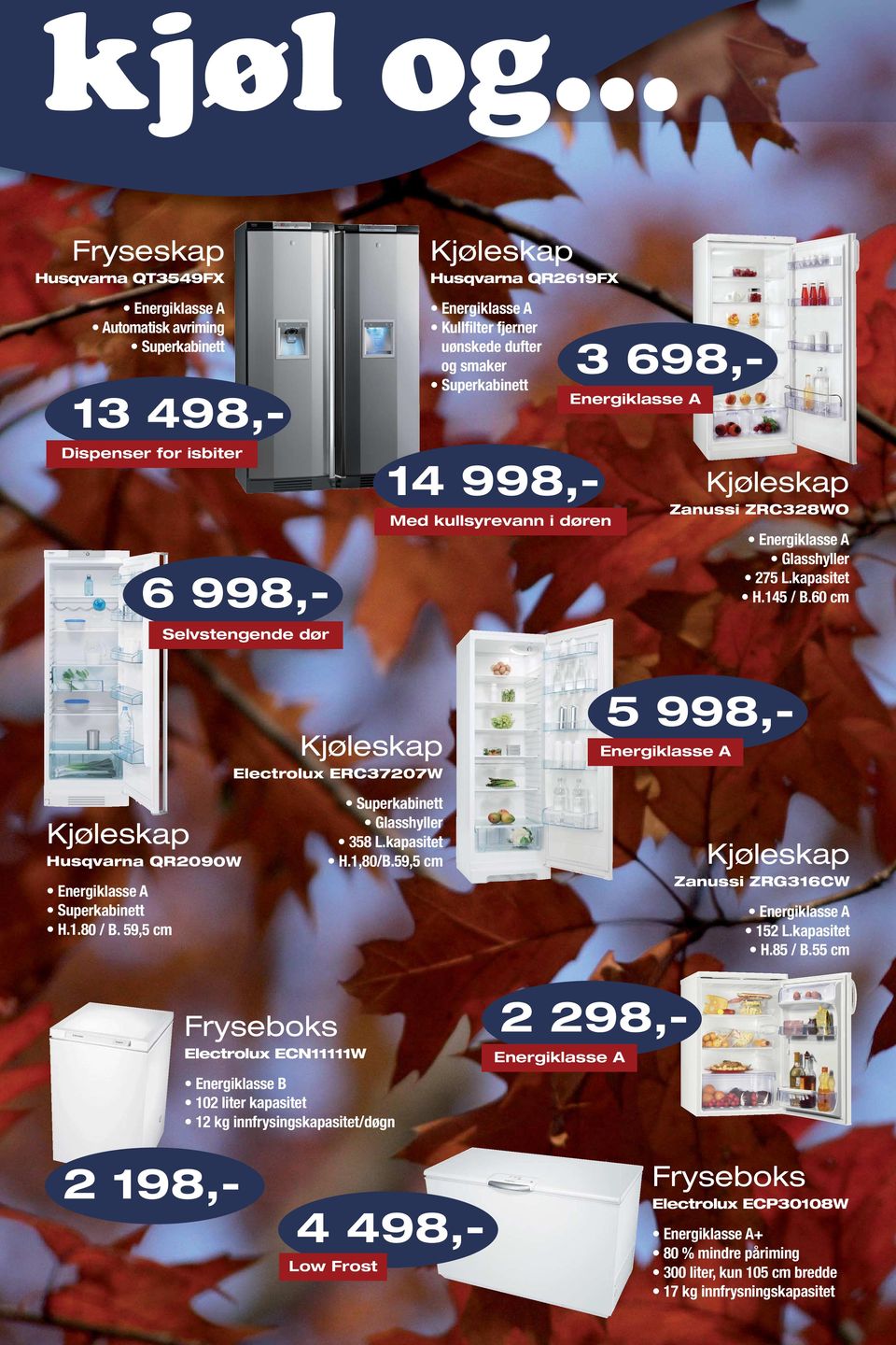 1 Med kullsyrevann i døren 3 698,- Energiklasse A Zanussi ZRC328WO 275 L.kapasitet H.145 / B.60 cm Electrolux ERC37207W Energiklasse A Husqvarna QR2090W H.1.80 / B.