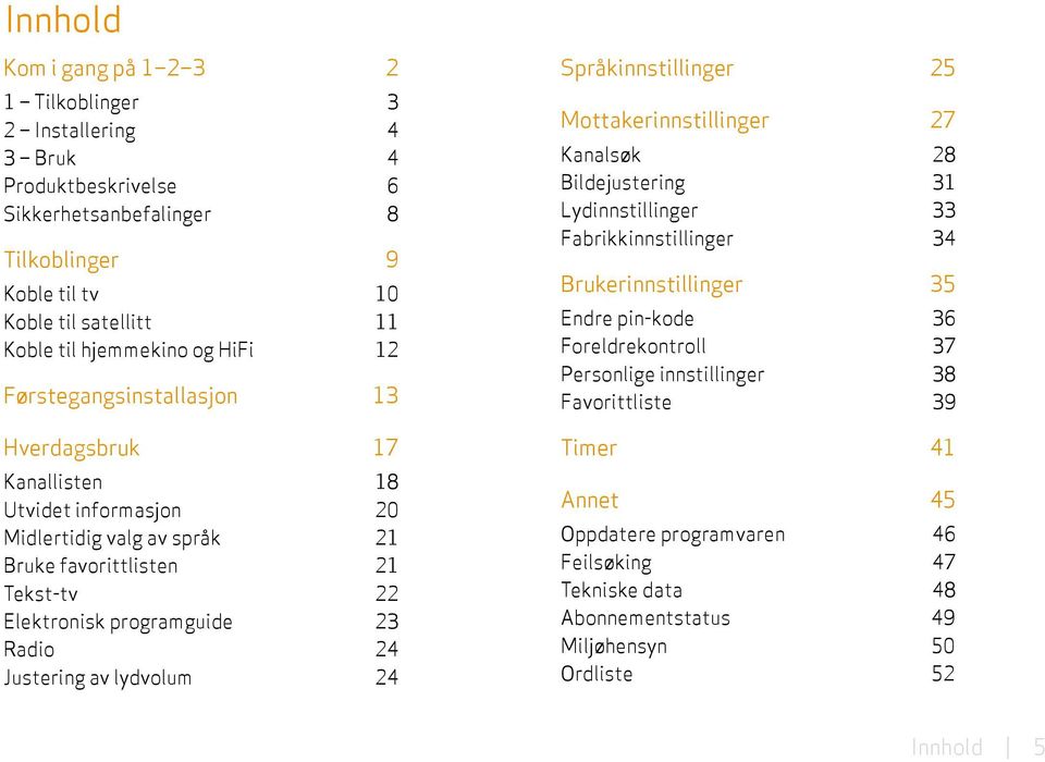 23 Radio 24 Justering av lydvolum 24 Språkinnstillinger 25 Mottakerinnstillinger 27 Kanalsøk 28 Bildejustering 31 Lydinnstillinger 33 Fabrikkinnstillinger 34 Brukerinnstillinger 35 Endre