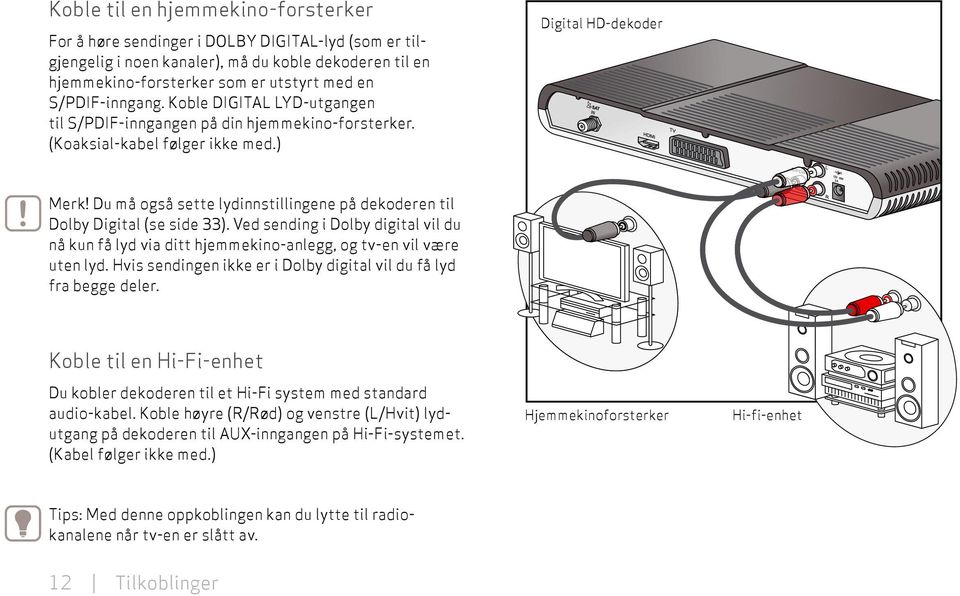 Du må også sette lydinnstillingene på dekoderen til Dolby Digital (se side 33). Ved sending i Dolby digital vil du nå kun få lyd via ditt hjemmekino-anlegg, og tv-en vil være uten lyd.