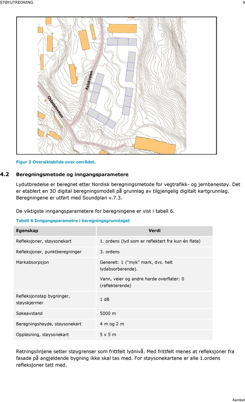 Tabell 6 Inngangsparametre i beregningsgrunnlaget Egenskap Refleksjoner, støysonekart Refleksjoner, punktberegninger Markabsorpsjon Verdi 1. ordens (lyd som er reflektert fra kun én flate) 3.