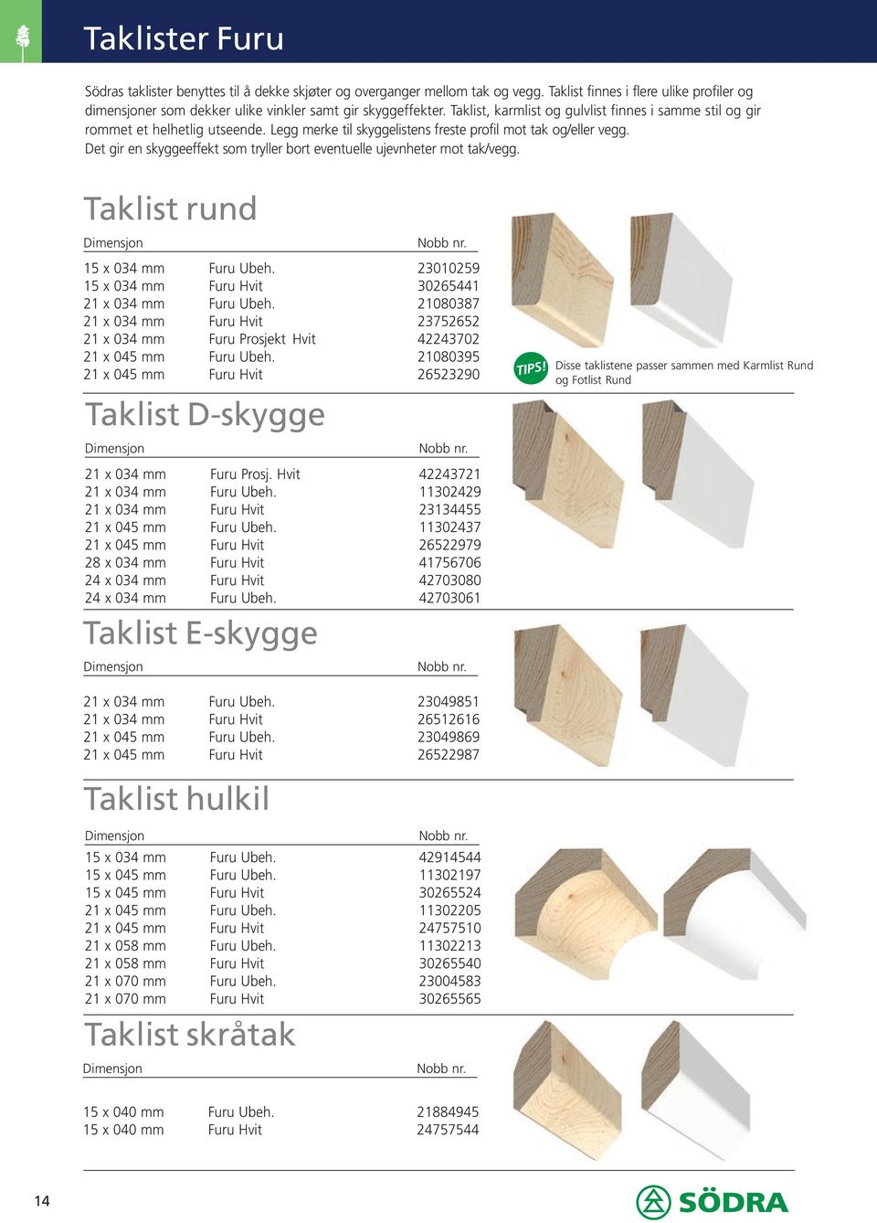 Det gir en skyggeeffekt som tryller bort eventuelle ujevnheter mot tak/vegg. Taklist rund 15 x 034 mm Furu Ubeh. 23010259 15 x 034 mm Furu Hvit 30265441 21 x 034 mm Furu Ubeh.