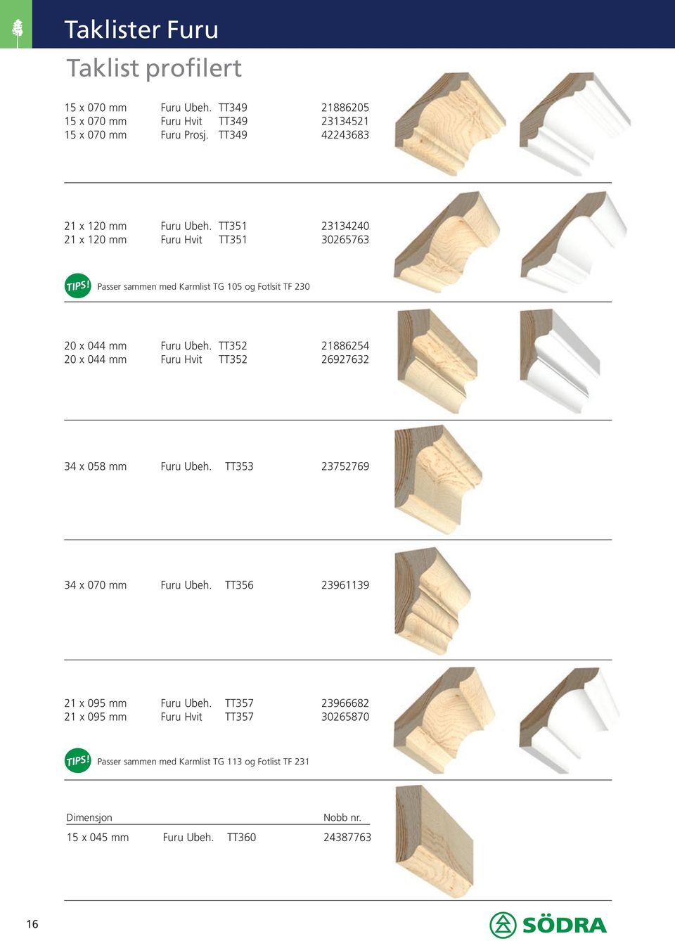 TT351 23134240 21 x 120 mm Furu Hvit TT351 30265763 Passer sammen med Karmlist TG 105 og Fotlsit TF 230 20 x 044 mm Furu Ubeh.