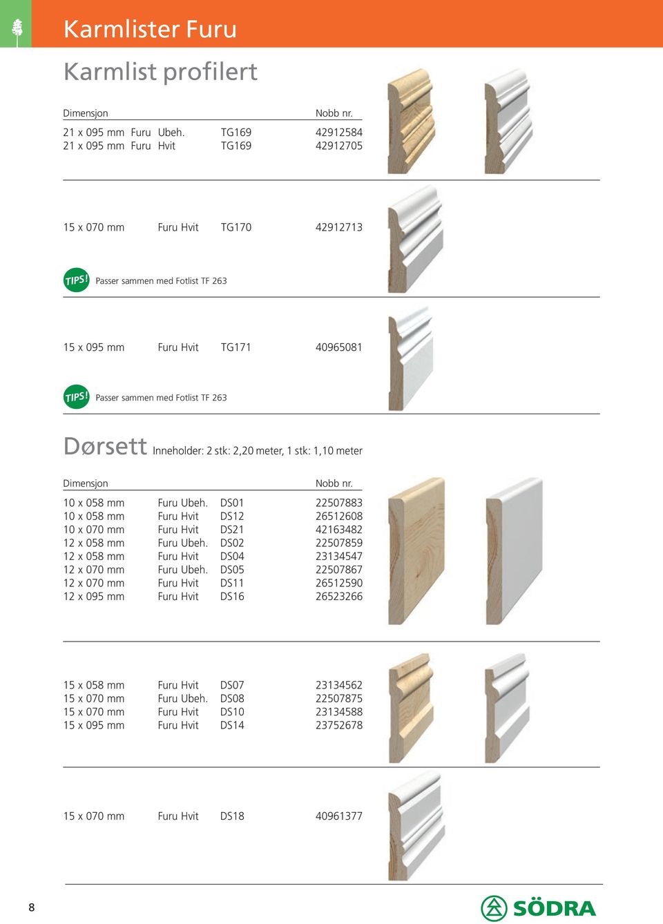 Dørsett Inneholder: 2 stk: 2,20 meter, 1 stk: 1,10 meter 10 x 058 mm Furu Ubeh. DS01 22507883 10 x 058 mm Furu Hvit DS12 26512608 10 x 070 mm Furu Hvit DS21 42163482 12 x 058 mm Furu Ubeh.