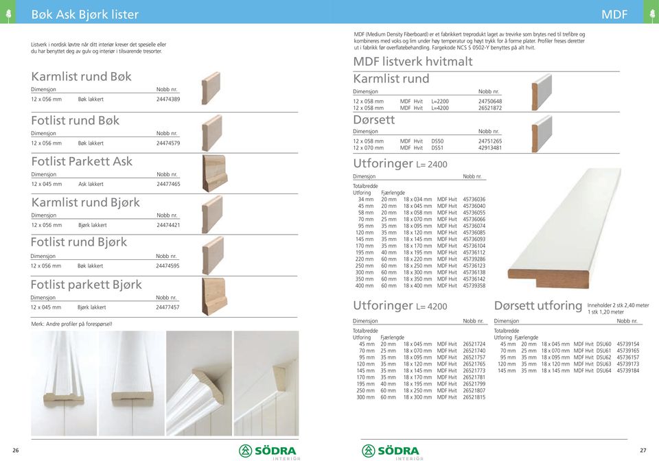 24474421 Fotlist rund Bjørk 12 x 056 mm Bøk lakkert 24474595 Fotlist parkett Bjørk 12 x 045 mm Bjørk lakkert 24477457 Merk: Andre profiler på forespørsel!