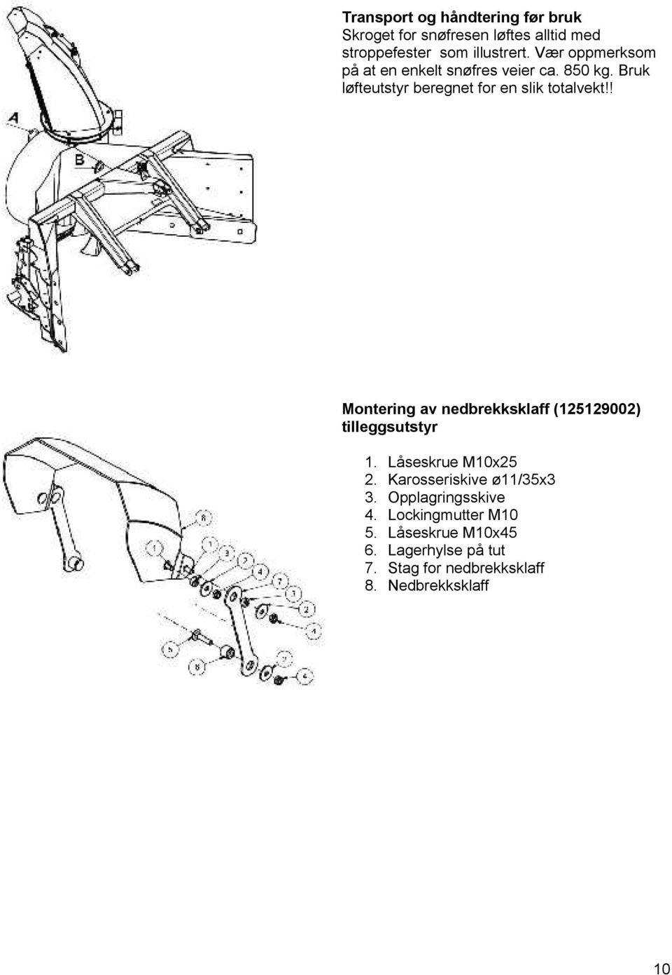 ! Montering av nedbrekksklaff (125129002) tilleggsutstyr 1. Låseskrue M10x25 2. Karosseriskive ø11/35x3 3.