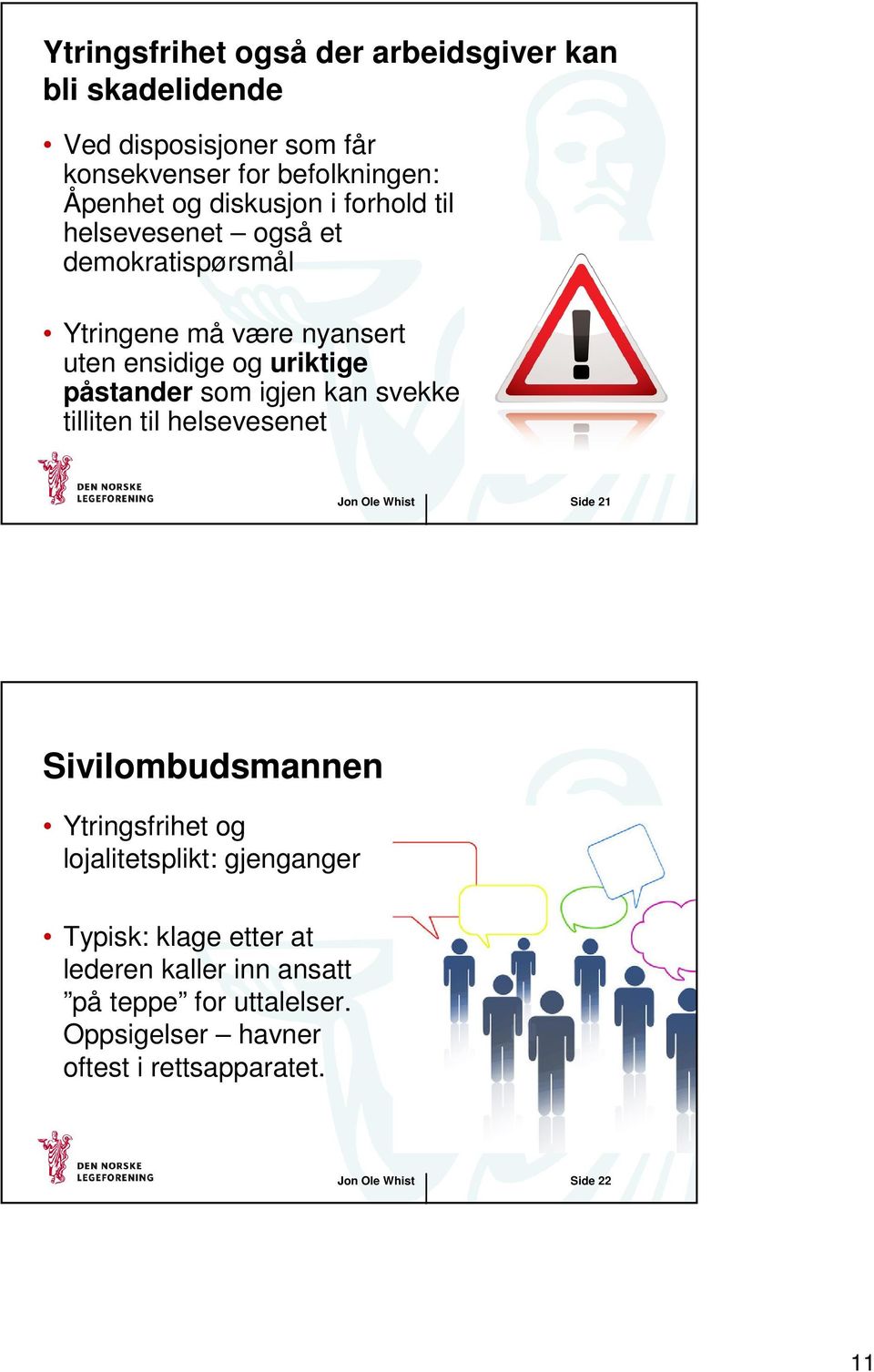 igjen kan svekke tilliten til helsevesenet Jon Ole Whist Side 21 Sivilombudsmannen Ytringsfrihet og lojalitetsplikt: gjenganger