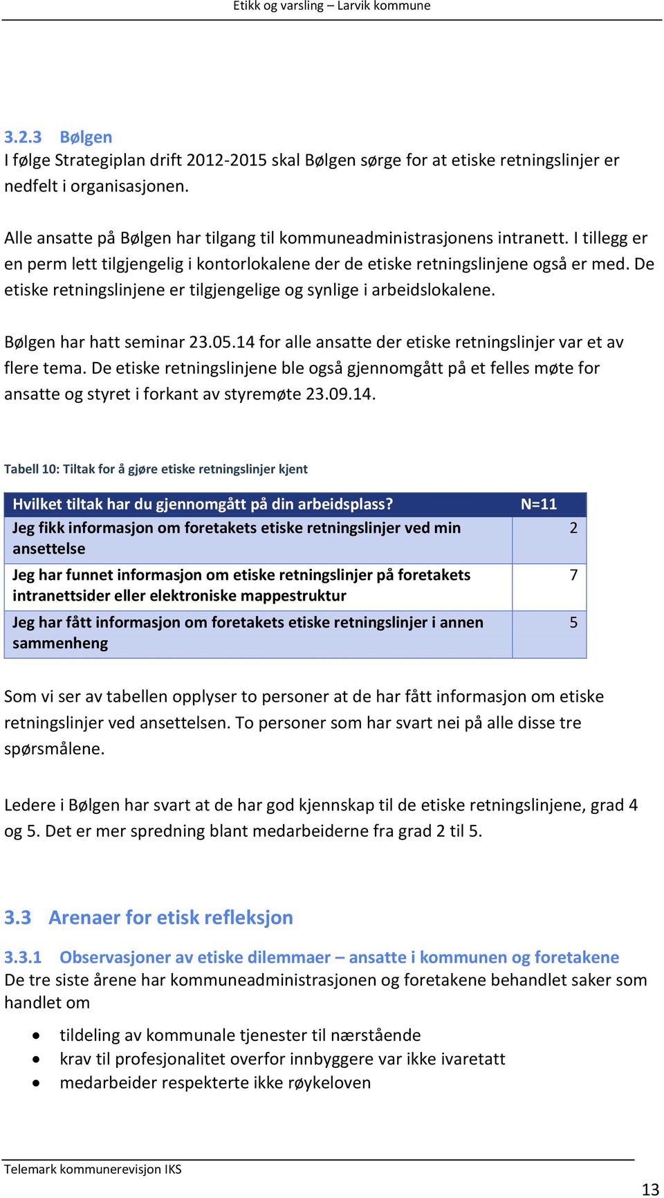 05.14 for alle ansatte der etiske retningslinjer var et av flere tema. De etiske retningslinjene ble også gjennomgått på et felles møte for ansatte og styret i forkant av styremøte 23.09.14. Tabell 10: Tiltak for å gjøre etiske retningslinjer kjent Hvilket tiltak har du gjennomgått på din arbeidsplass?