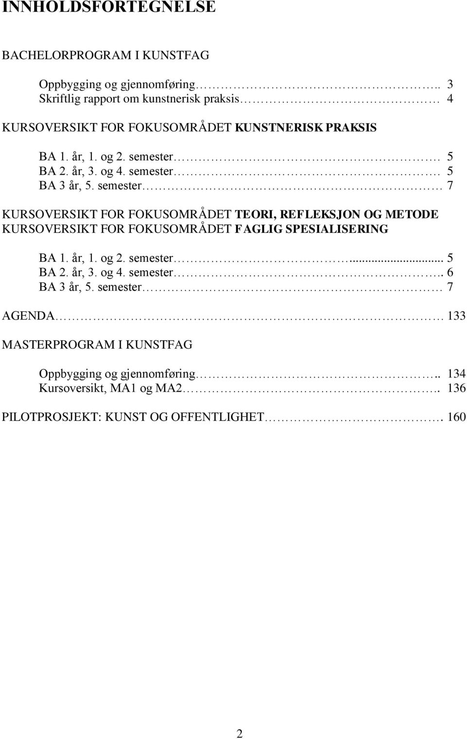 semester. 5 BA 3 år, 5. semester 7 KURSOVERSIKT FOR FOKUSOMRÅDET TEORI, REFLEKSJON OG METODE KURSOVERSIKT FOR FOKUSOMRÅDET FAGLIG SPESIALISERING BA 1.