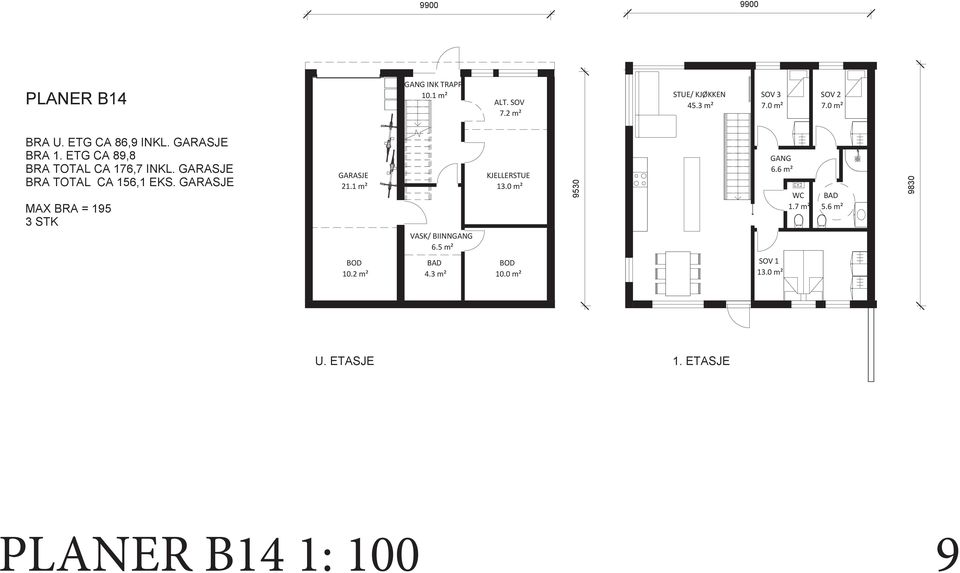 66 m² WC 17 m² BAD 56 m² 9830 BOD 102 m² BAD 43 m² BOD 100 m² SOV 1 130 m² U ETASJE 1 ETASJE Tyttebærstien 1 19 PLANER B14 1: 100 9 PLANER B14 A3 1 :