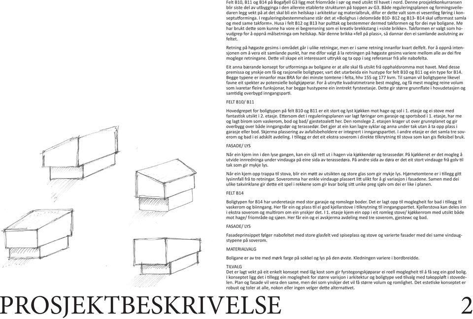 reguleringsbestemmelsane står det at «Bolighus i delområde B10 B12 og B13 B14 skal utformast samla og med same takform» Husa i felt B12 og B13 har pulttak og bestemmer dermed takformen og for dei nye