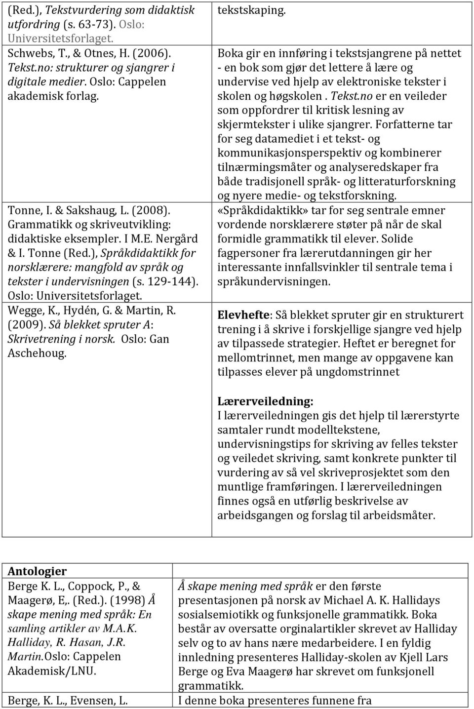 129-144). Oslo: Wegge, K., Hydén, G. & Martin, R. (2009). Så blekket spruter A: Skrivetrening i norsk. Oslo: Gan Aschehoug. tekstskaping.