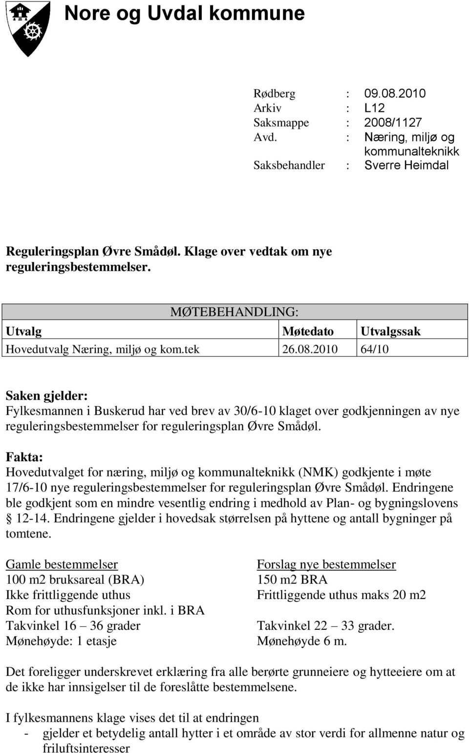 2010 64/10 Saken gjelder: Fylkesmannen i Buskerud har ved brev av 30/6-10 klaget over godkjenningen av nye reguleringsbestemmelser for reguleringsplan Øvre Smådøl.