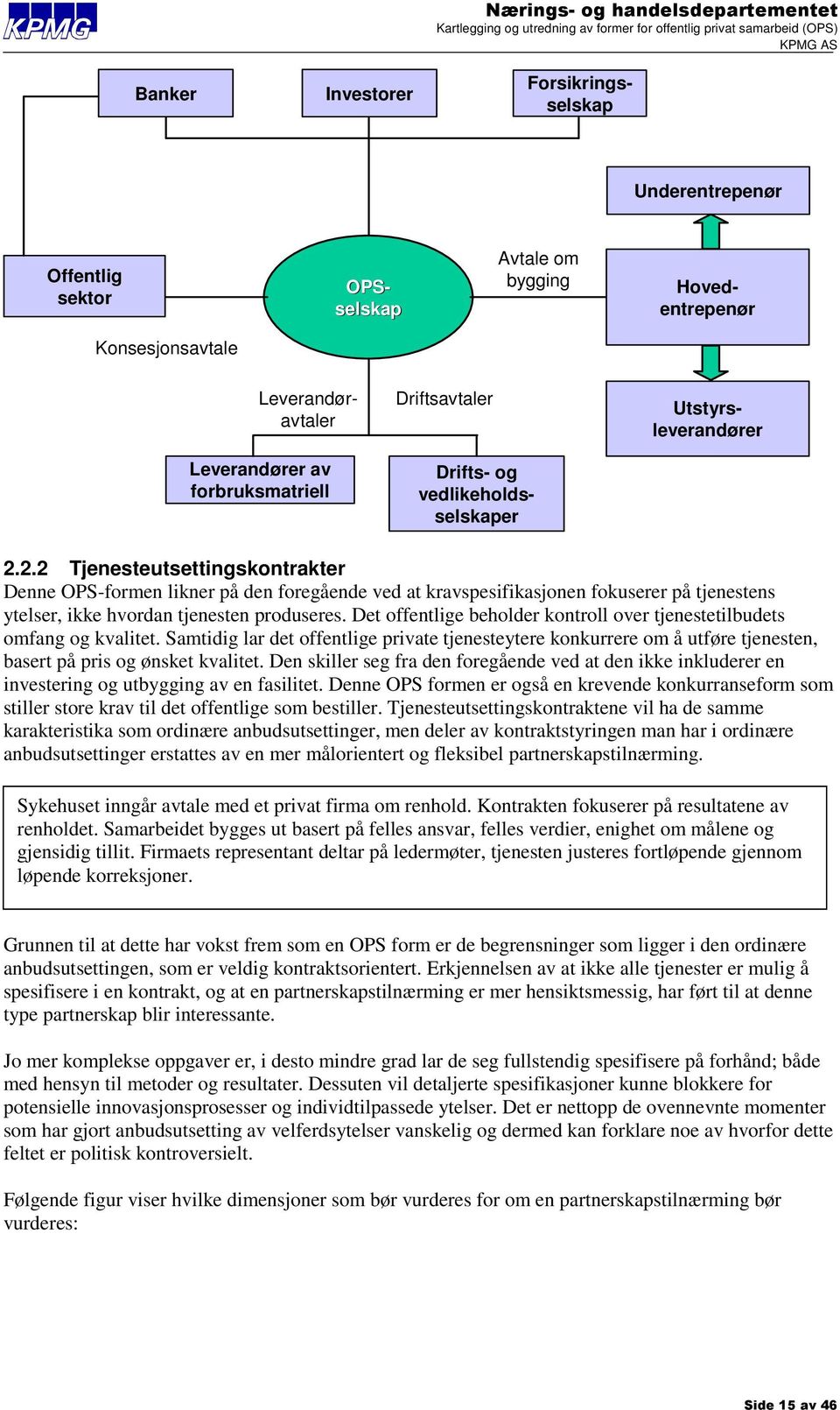 2.2 Tjenesteutsettingskontrakter Denne OPS-formen likner på den foregående ved at kravspesifikasjonen fokuserer på tjenestens ytelser, ikke hvordan tjenesten produseres.