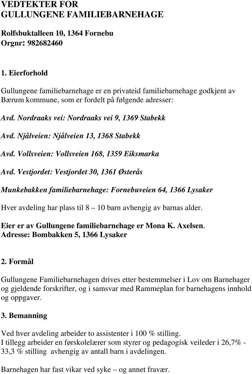 Njålveien: Njålveien 13, 1368 Stabekk Avd. Vollsveien: Vollsveien 168, 1359 Eiksmarka Avd.